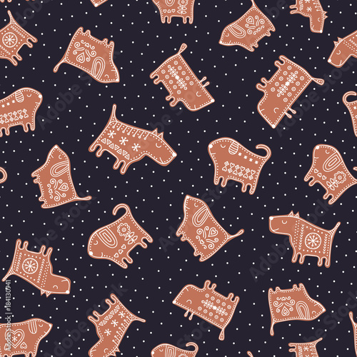 Vector seamless pattern with gingerbread dogs. Cute New Year background with cookie puppy. Illustration in flat style with doodle ornament.