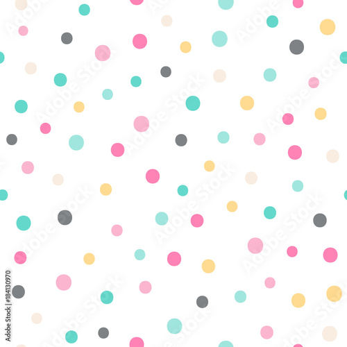 Vector seamless pattern with color dots. Cute background for baby. Pink, yellow, green, gray, beige elements on white backdrop.