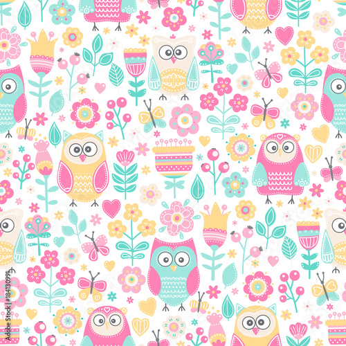 Vector seamless pattern with owls and flowers. Cute childish background with hand drawn birds, plants and berries. On white backdrop. Pastel colors.