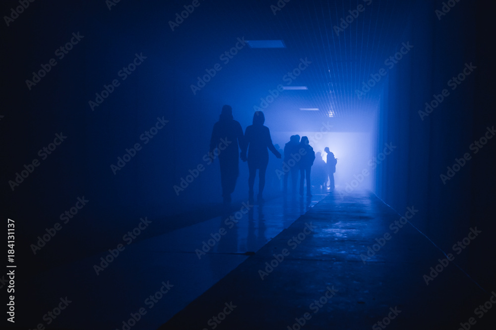 silhouette of people walking in a tunnel in smoke against a background of bright light. mysterious mood