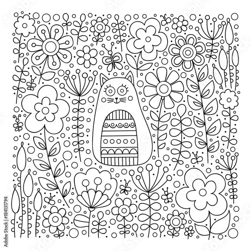Fototapeta Cute cat in flowers. Hand drawn doodle card with kitten and floral ornament. Nice childish design. Coloring page for coloring book. Black and white. Vector outline illustration.
