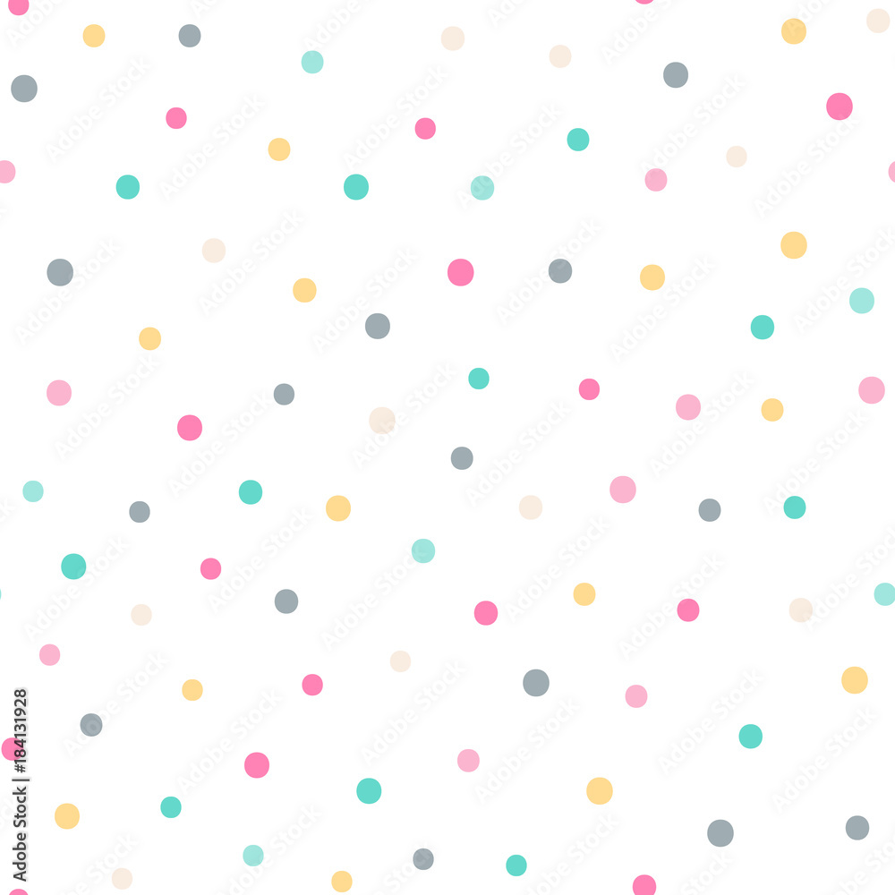 Fototapeta Vector seamless pattern with color dots. Cute background for baby. Pink, yellow, green, gray, beige elements on white backdrop.