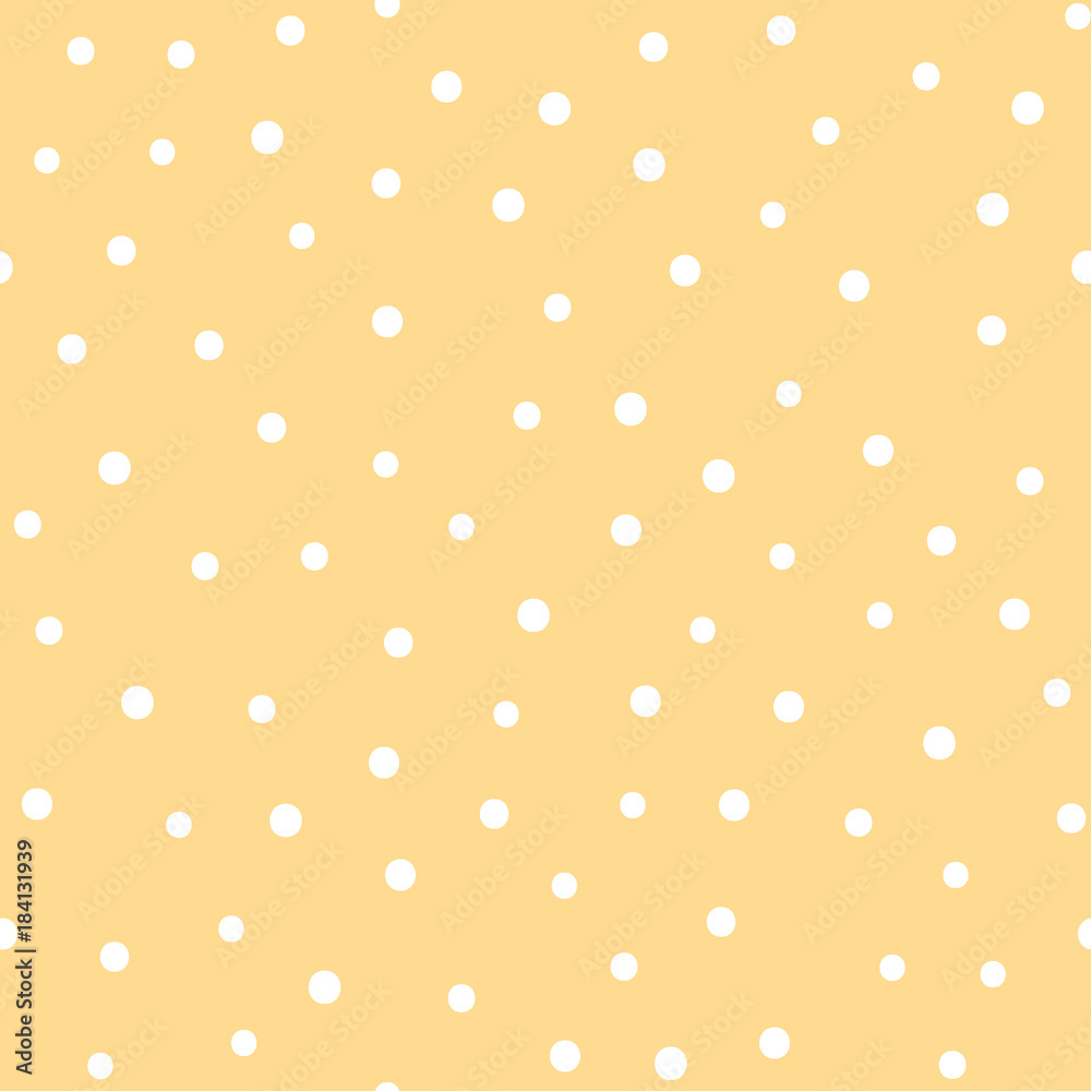 Vector seamless pattern with dots. Nice yellow background with white rounds. Pastel color design for babies.