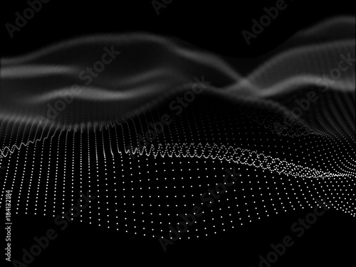 Abstract wave from dots and blur on black. Modern vector background.