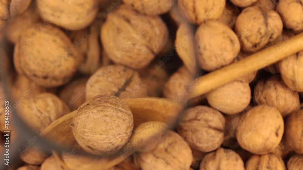 Study with a magnifying glass, rotating spoon with walnuts. Study with a magnifying glass, rotating spoon with walnuts.