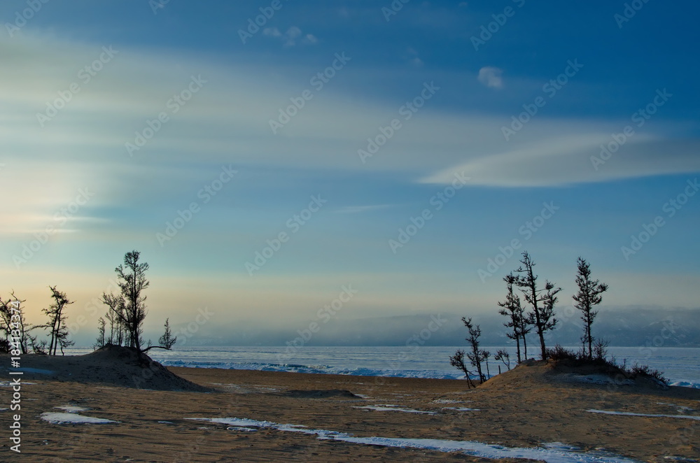 Russia. Lake Baikal, the sandy shore of the Olkhon island from the Small sea.