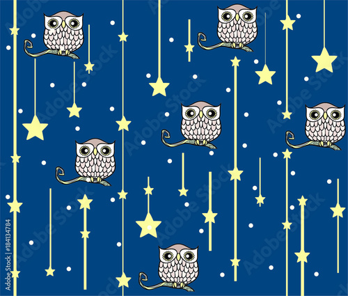 Seamless pattern with owls and the stars