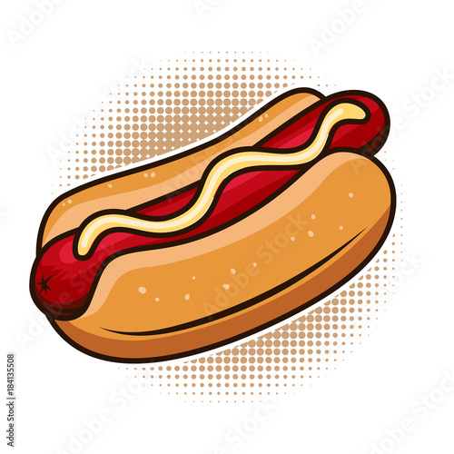 Hot dog illustration isolated on white background. Design element for poster, emblem, sign, menu. Vector illustration