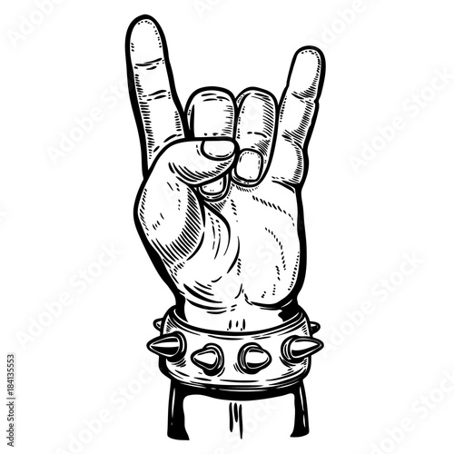 Hand drawn human hand with rock and roll sign. Design element for poster, emblem, sign, t shirt. Vector illustration