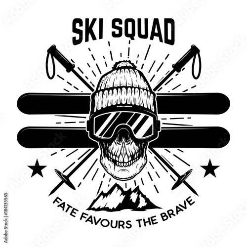Ski squad. Extreme skull with skis.  Design element for emblem, sign, label, poster.