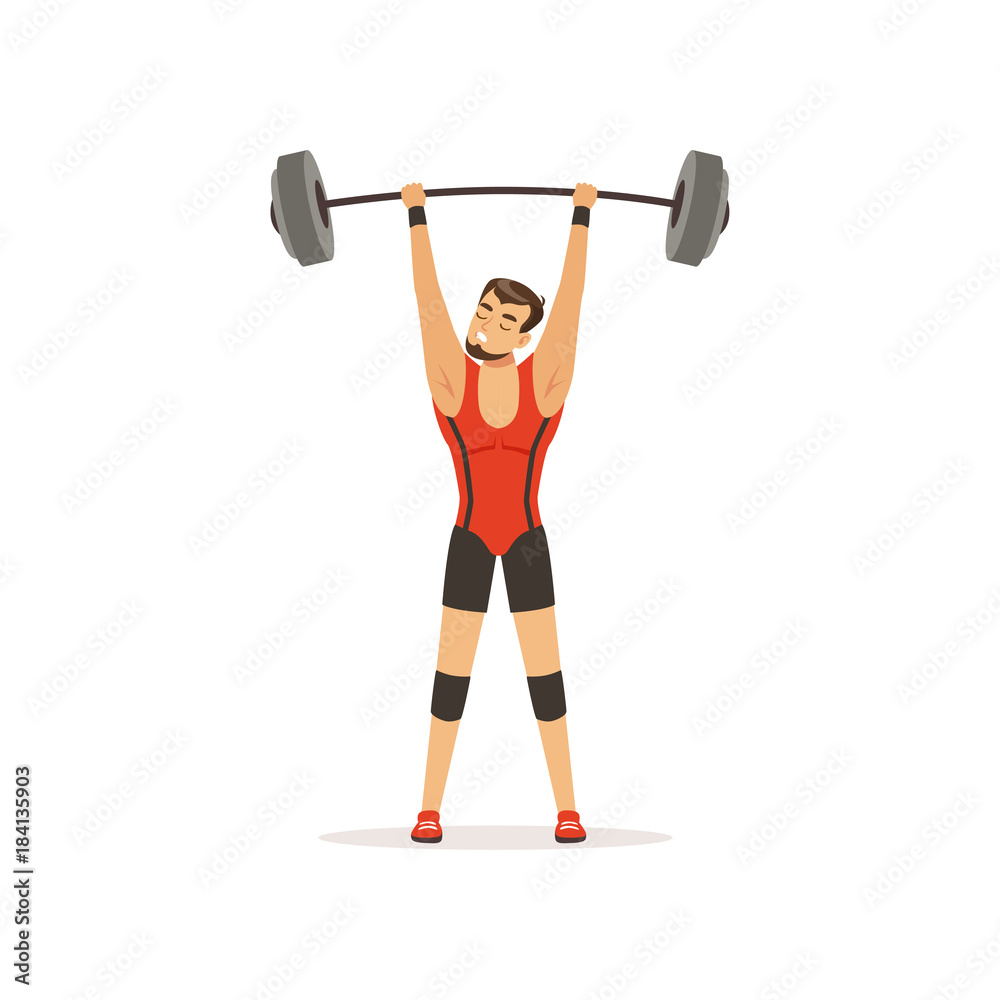 Professional athlete holding barbell above his head. Strong man character  in red lifter suit. Weightlifting, Competition sport game. Isolated flat  vector Stock Vector | Adobe Stock