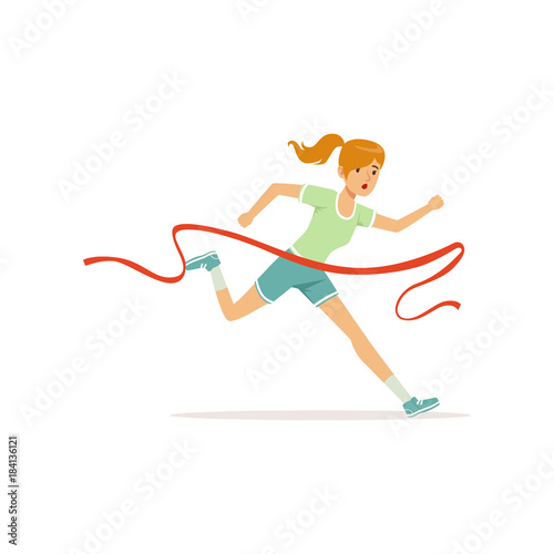 Female athlete taking part in running marathon. Woman character cross finish line. Girl runner in shorts and t-shirt. Isolated flat vector