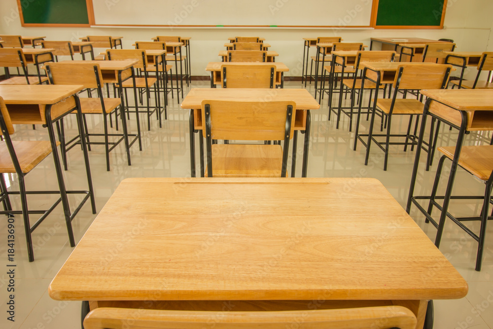Lecture room or School empty classroom with desks and chair iron wood in  high school thailand, interior of secondary school education, with  whiteboard, vintage tone educational concept Stock Photo | Adobe Stock