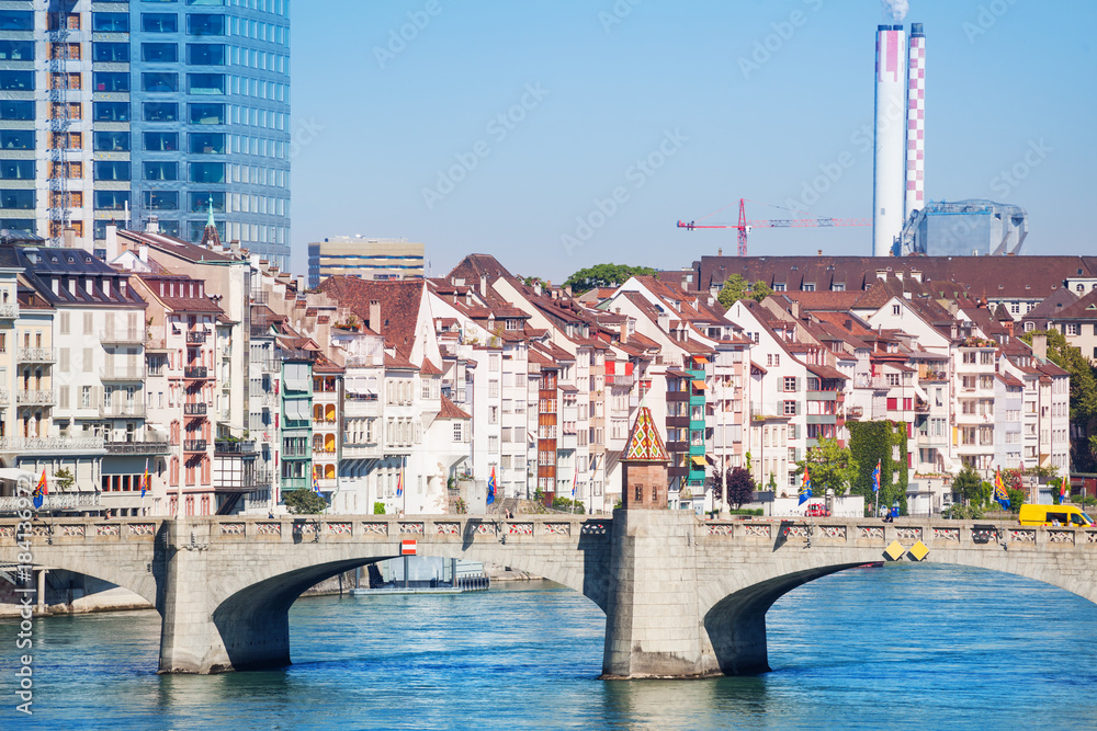 Cityscape of Basel with arched Middle bridge