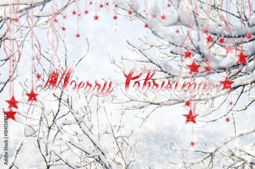 Merry Christmas Sign With Hanging Stars and Snowflakes Illustration