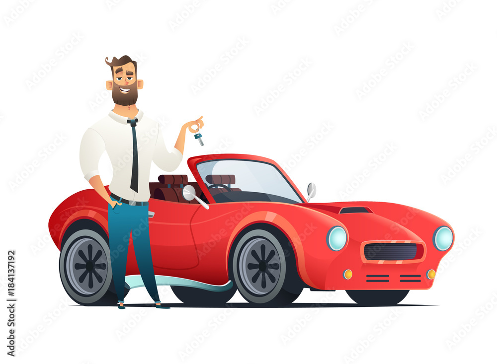 Concept buying or renting a new or used red and speedy sports car. Modern cartoon style vector illustration isolated on white background.