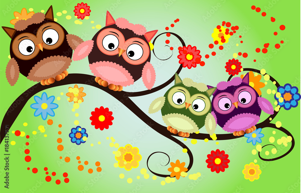 Obraz premium Bright cute cartoon owls sit on the flowering branches of fantastic trees
