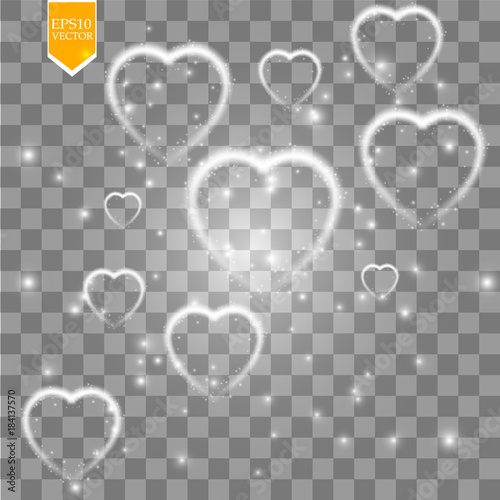 Happy Valentines Day greeting card. I Love You. 14 February. Holiday background with falling hearts with arrow, light, stars on transparent background. Vector Illustration