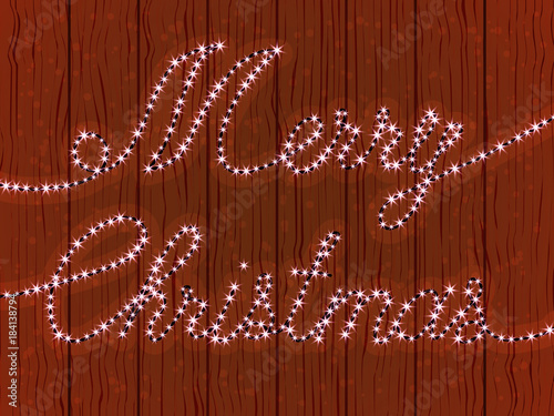 Greetings merry Christmas, a wooden wall with a garland of glowing lights. Vector illustration.