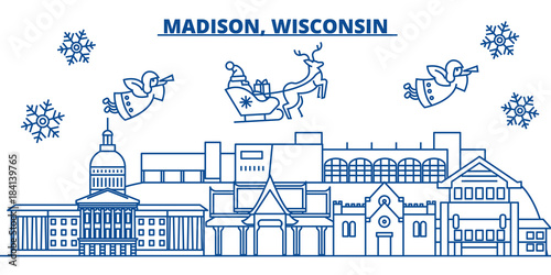 USA, Wisconsin, Madison  winter city skyline. Merry Christmas and Happy New Year decorated banner. Winter greeting card with snow and Santa Claus. Flat, line vector, linear christmas illustration