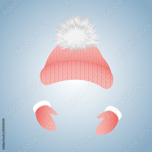 Knitted hat with pompon and gloves with fur.