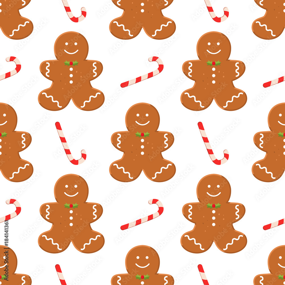 Seamless pattern with traditional Christmas homemade gingerbread man  cookies and candy on white background. Vector food concept for banner,  poster, wallpaper, backdrop, clothes print, wrapping paper Stock Vector |  Adobe Stock