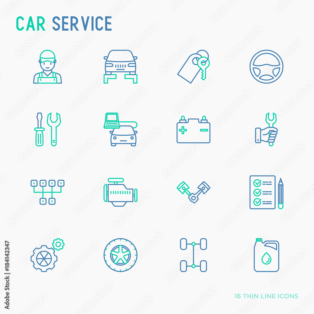 Car service thin line icons set of mechanic, computer diagnostics, tools, wheel, battery, transmission, jack. Modern vector illustration. Car service thin line icons set of mechanic, computer diagnostics, tools, wheel, battery, transmission, jack. Modern vector illustration.