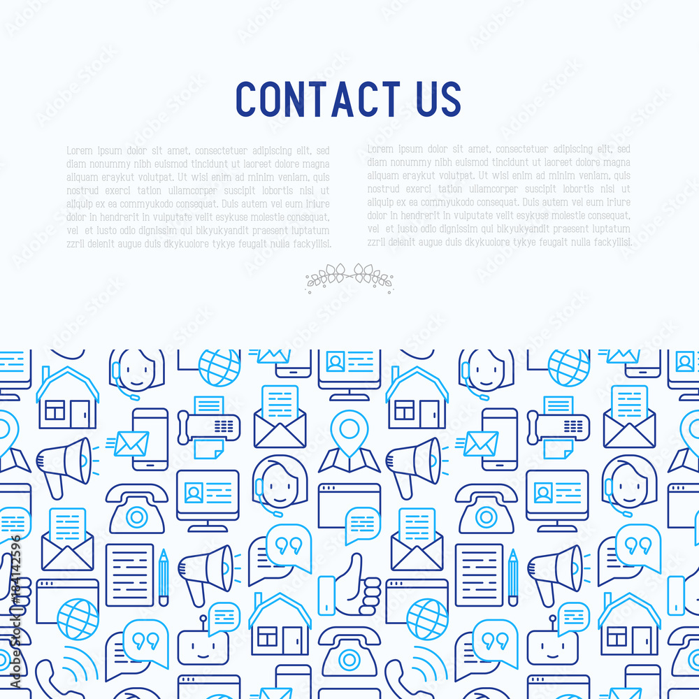 Contact us concept with thin line icons of telephone, fax, operator call center, e-mail, chat bot, pointer, feedback. Modern vector illustration for banner, web page, print media.