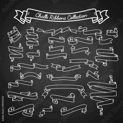 Chalk ribbons ollection hand draw on black board vector illustration. Set ribbons different shapes and sizes painted white chalk on a black background vector image