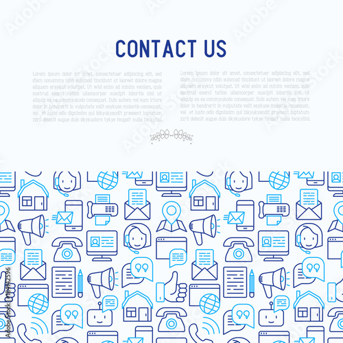 Contact us concept with thin line icons of telephone, fax, operator call center, e-mail, chat bot, pointer, feedback. Modern vector illustration for banner, web page, print media.