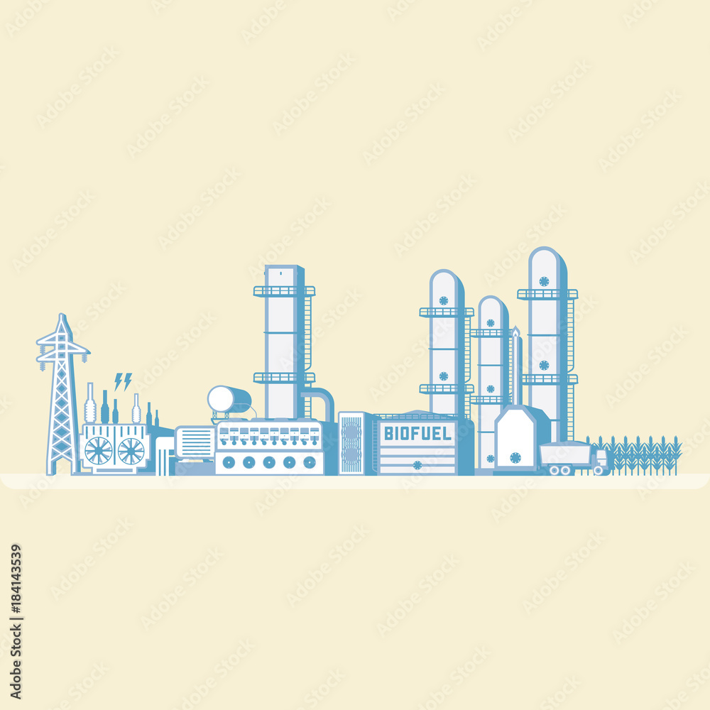 bio fuel energy, bio fuel power plant with diesel generator generate the electric in simple graphic