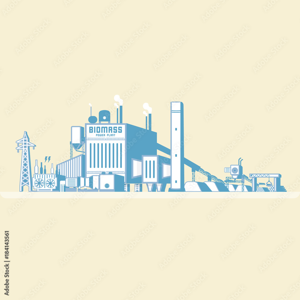 biomass energy, biomass power plant with boiler and seam turbine generate the electric in simple graphic biomass energy, biomass power plant with boiler and seam turbine generate the electric in simple graphic