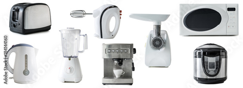 Canvas collage of different types of kitchen appliances isolated