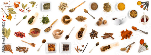 Collage of photos of different spices on spoons and dishes photo