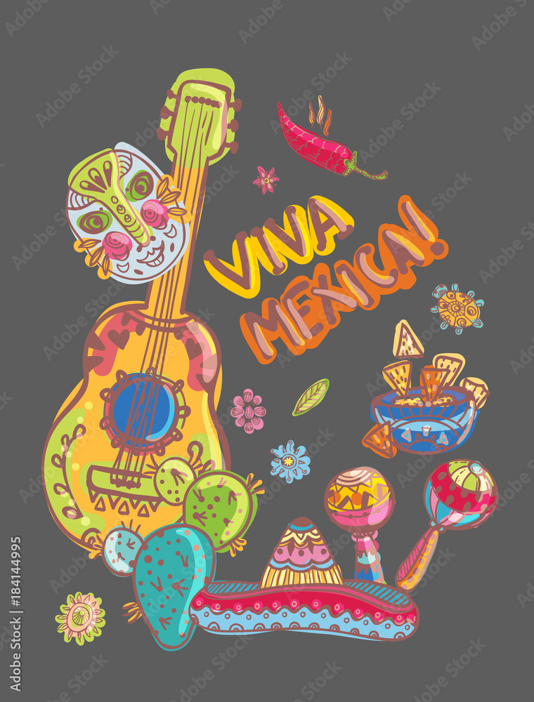 Mexico illustrations guitar, nachos and mask Mexico illustrations guitar, nachos and mask