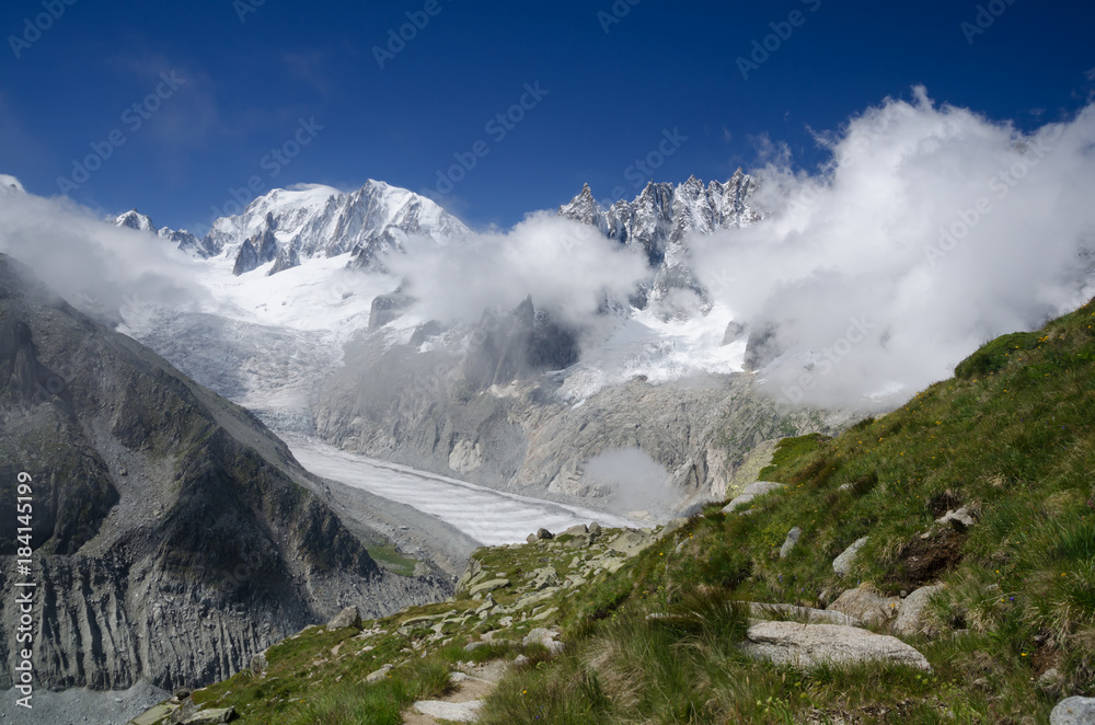 Mont Blanc peak and Mer-de-Glace glacier, French Alps