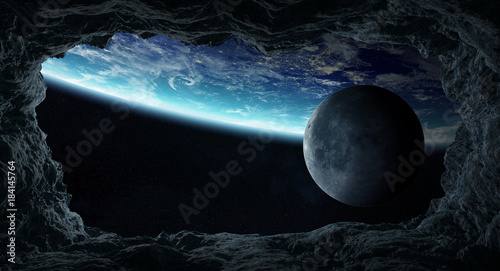 Fototapeta Naklejka Na Ścianę i Meble -  Asteroids flying close to planet Earth 3D rendering elements of this image furnished by NASA