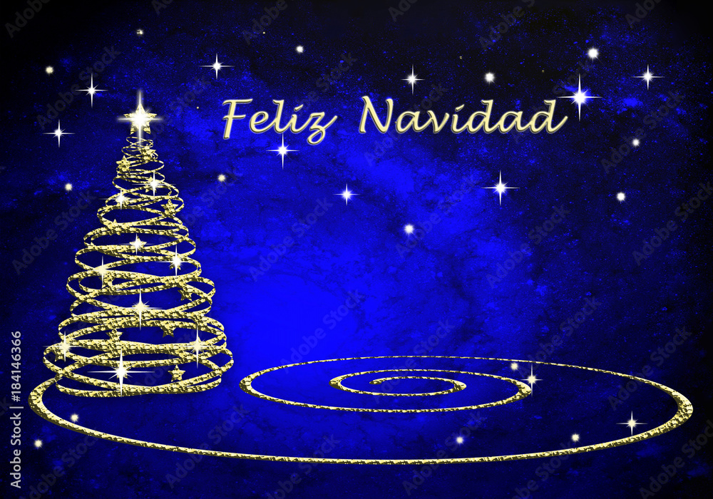 Árbol de Navidad, felicitación, fondo azul, espacio, estrellas, espiral,  tarjeta, dorado y azul. ilustración de Stock | Adobe Stock