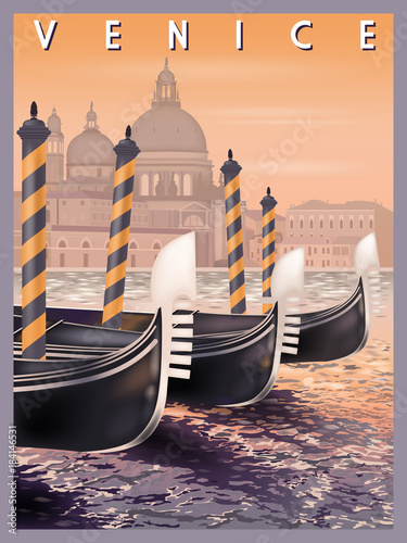 Early morning in Venice, Italy. Handmade drawing vector illustration. Vintage style.