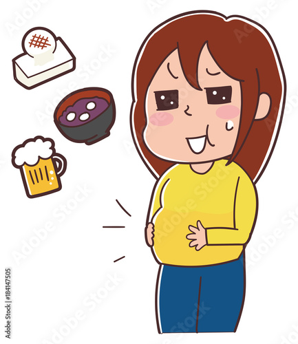 正月太りした女性のイラスト