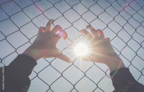 Refugee hands on fence