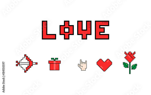 Happy valentines day. 8 bit Pixel love Message Icons  On White Background