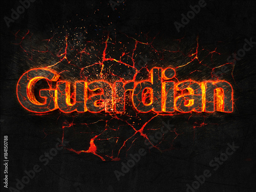 Guardian Fire text flame burning hot lava explosion background.