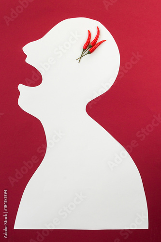 concept of human disease, suffering and stinging pain, thrills - abstract white male man isolated on red background screaming open mouth from multiple severe headaches, burning pain such as chili