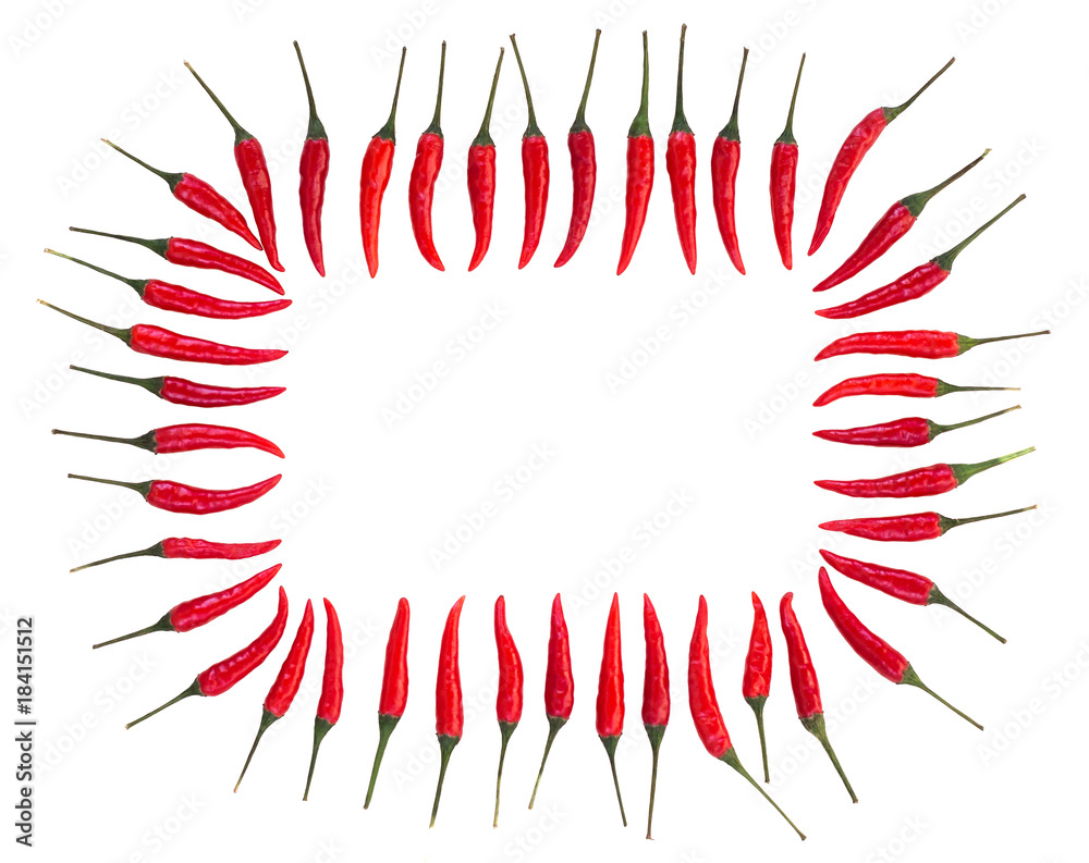 Plakat red hot chili peppers, popular spices, barbecue, food making concept - decorative frame composed of multiple pods of red hot pepper on a isolated background, empty space for text, top view, flat lay