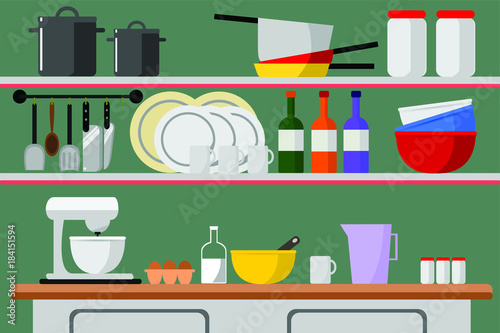 Kitchen shelves background with cooking tools and utensils illustration vector