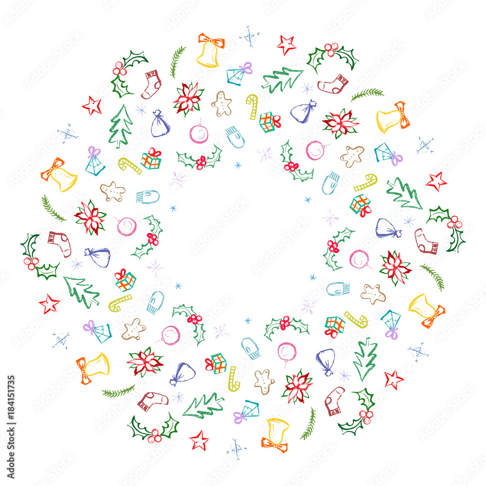 Obraz premium Wreath with winter holidays symbols marker scribble drawing.