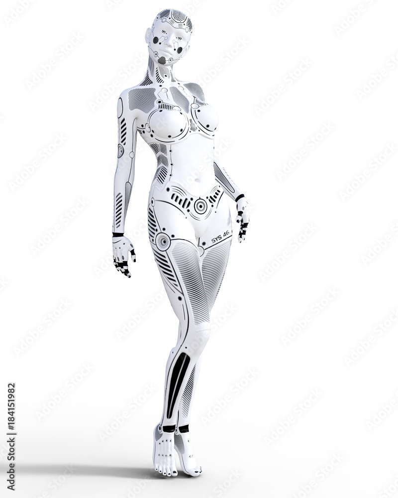 Robot woman. White metal droid. Artificial Intelligence. Conceptual fashion art. Realistic 3D render illustration. Studio, isolate, high key. Robot woman. White metal droid. Artificial Intelligence. Conceptual fashion art. Realistic 3D render illustration. Studio, isolate, high key.