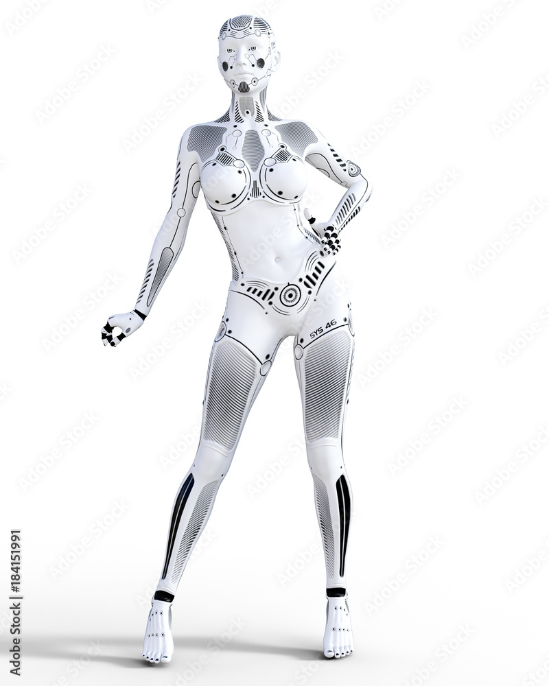 Robot woman. White metal droid. Artificial Intelligence. Conceptual fashion art. Realistic 3D render illustration. Studio, isolate, high key.