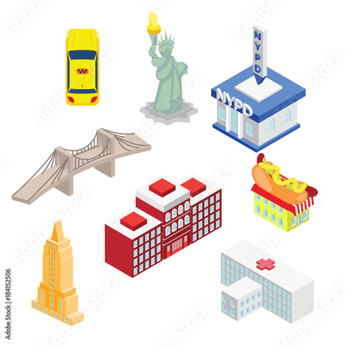 New York isometric attractions vector illustration.